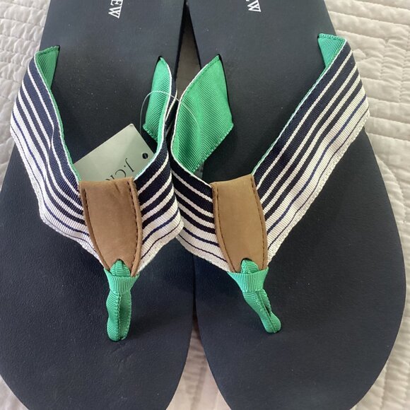 NWT J.Crew Mens Stripe Flip Flops Navy/Green Size 9 Cotton/Leather - Picture 4 of 8